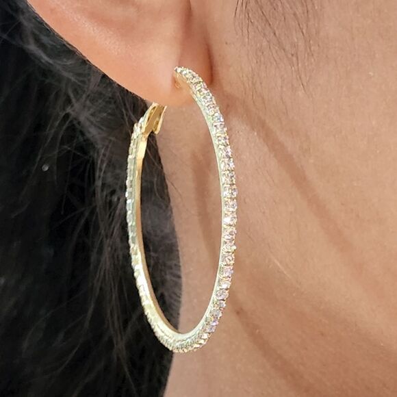 Bohemian Style Gold Plated Round Pave Rhinestone Oversized‎ Hoop Earrings 1.9in - Picture 10 of 16